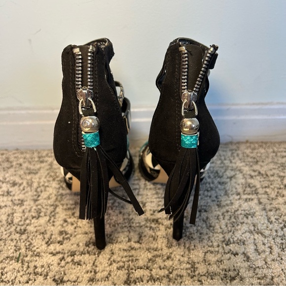 Steve Madden Blue & Black Suede Multi Tassel Strappy Peep Toe Stilettos Size 7.5 - Picture 9 of 14